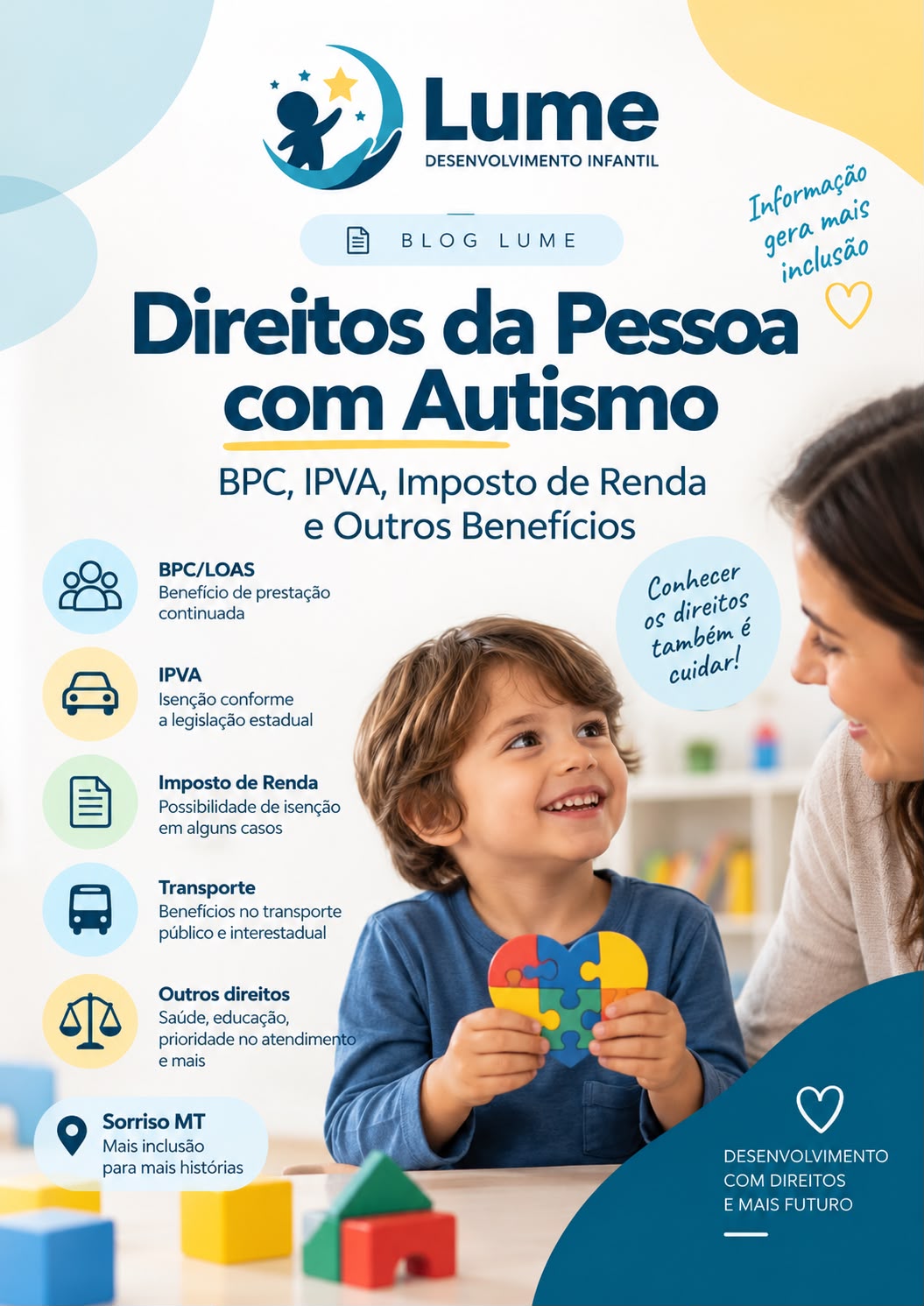 Criança com símbolo colorido em conteúdo sobre direitos da pessoa com autismo, BPC, IPVA, Imposto de Renda e outros benefícios.