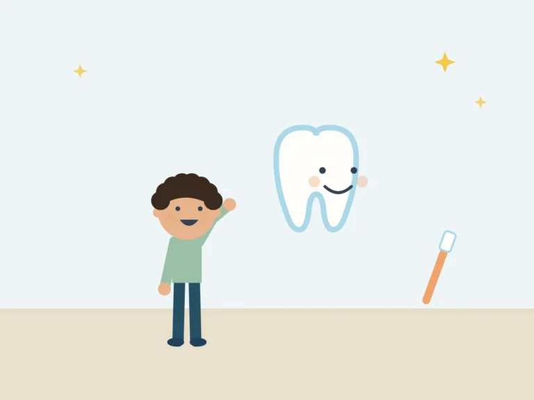 Criança sorrindo ao lado do desenho de um dente
